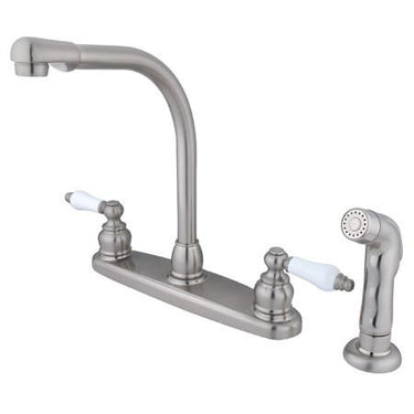 Kingston Brass Victorian High Arch with Oak & Porcelain Lever Handles and Sprayer, Satin Nickel Kitchen Faucet Kingston Brass